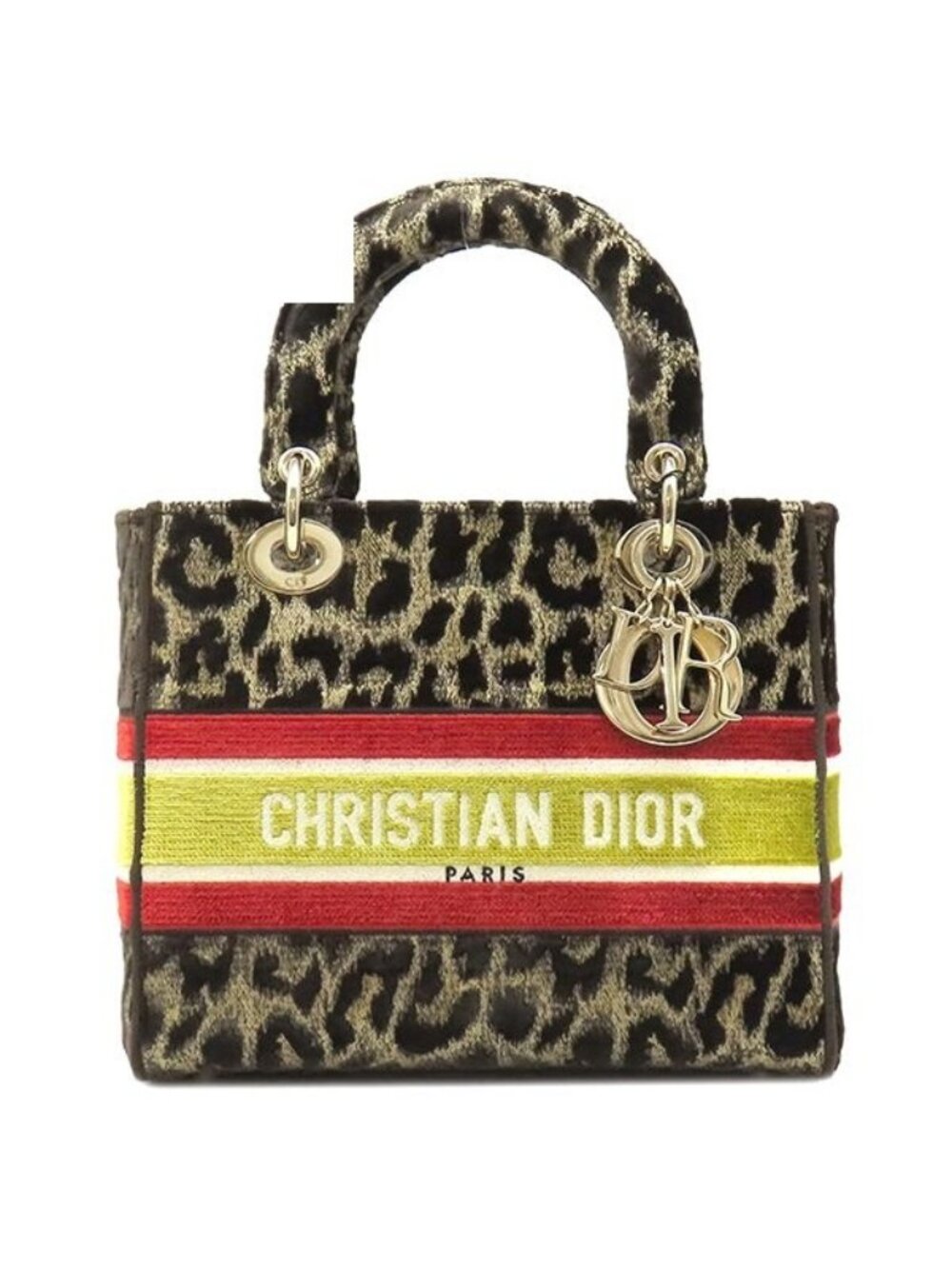 Dior 2-Way Bag Lady Medium Velvet Brown Multicolor Gold Delight Leopard